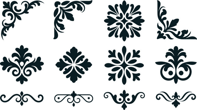 Baroque ornaments flat vector illustration set. Vintage black damask corners, filigree dividers, and floral scrolls create an elegant classic decorative vignette pack.