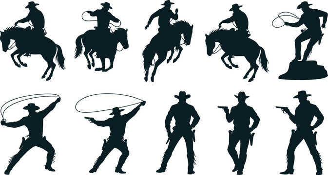 Cowboy silhouettes flat vector illustration set. Ten dark wild west rodeo figures horse riding, lasso throwing, and gun slinging form a vintage outlaw collection.