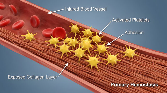 Activated platelets adhering to exposed collagen in a blood vessel
