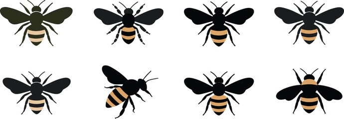 Honey bees flat vector illustration collection.distinct bumblebee and wasp insect icons featuring striped wings and bodies provide natural apiculture graphic elements. © Olivia