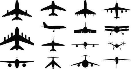 Airplane models flat vector illustration pack. Diverse top, front, and side views of commercial passenger jets and military drones create a transport navigation icon set. © Olivia