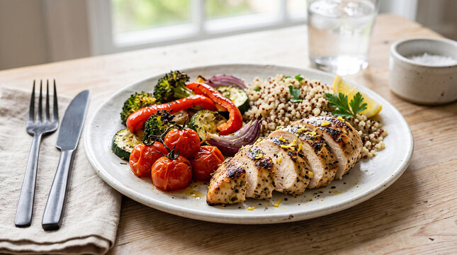 Healthy dinner from grocery produce on a plate with grilled chicken and vegetables for high volume family meal prep