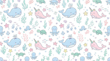 Cute Cute Sea Creatures Seamless Pattern   Pastel Cartoon Whales Narwhals and Turtles Underwater Vector Background © Mani