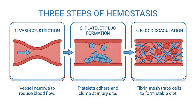 Diagram showing the three steps of hemostasis process