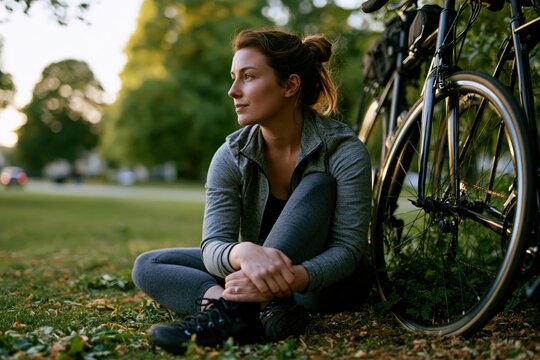 Female cyclist stretching beside bicycle in open park with empty sky above