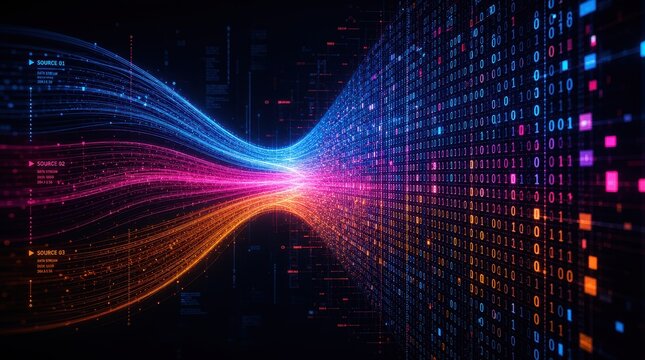 Dynamic Digital Data Flow Converging Streams Into a Vibrant Binary Code Network, Modern Technology Concept.