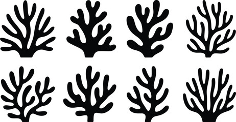 Coral reefs flat vector illustration shapes. Eight black branching underwater silhouettes form a decorative marine life sea ecosystem icon collection. © Olivia
