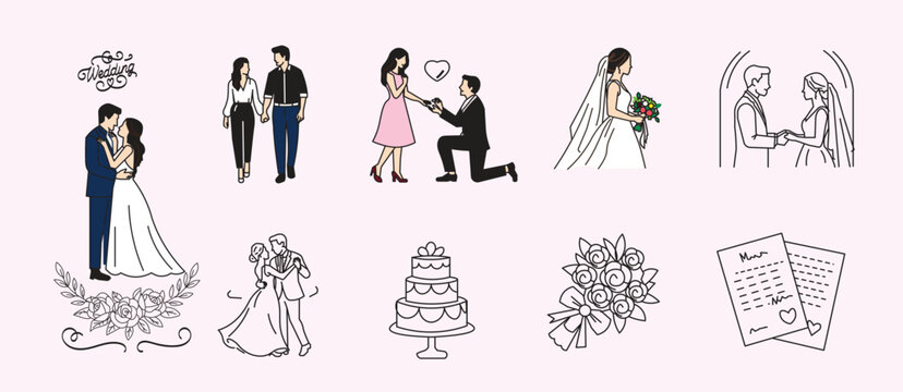 Wedding and engagement line art illustration set. Romantic couple elements, Cute wedding doodles and couple line drawings vector set. marriage icons, and bridal graphics vector. Marriage proposal, bri