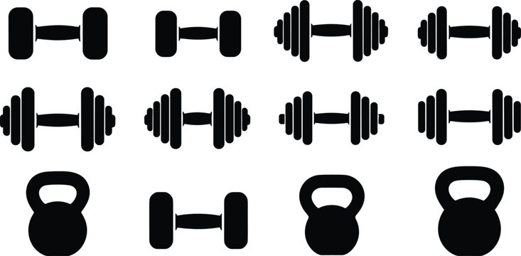 Gym dumbbells flat vector illustration set. Twelve black heavy weight plates and kettlebell silhouettes offer fitness workout elements for athletic graphic design.