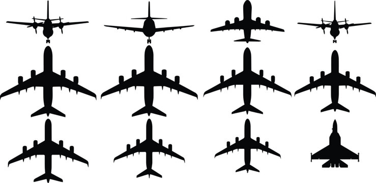 Aircraft shapes flat vector illustration group. Twelve black passenger jet silhouettes mixed with a military fighter plane provide top and front views for travel graphics.