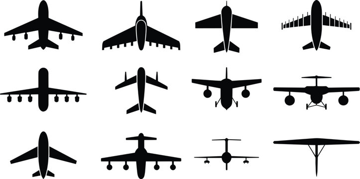 Airplane models flat vector illustration icons. Twelve black top and front view commercial jet silhouettes create an aviation transport collection.