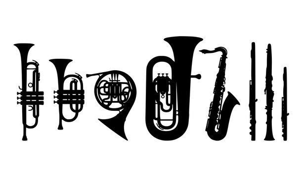 Musical Instrument Silhouette Set with Trumpet French Horn Tuba Saxophone Flute Clarinet and Piccolo Vector