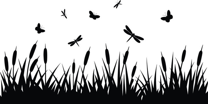Pond insects flat vector illustration silhouette. Butterflies and dragonflies fly above marsh cattail reeds to create a tranquil lakeside nature border scene.