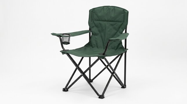 Portable green folding camping chair featuring a black metal frame and a convenient mesh cup holder isolated against a clean and bright plain white studio background