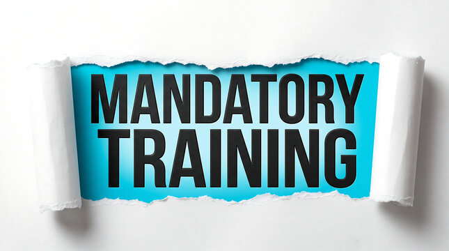 Mandatory training concept words shown on paper torn through white surface with bright blue background mandatory training education corporate business learning