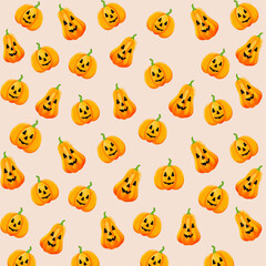 Obraz premium Cute Halloween seamless pattern with smiling jack o lantern pumpkins background
