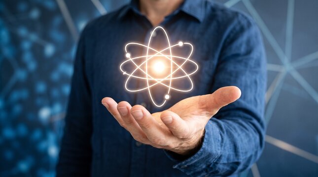 Professional businessman wearing a blue shirt holds a glowing digital atom icon representing advanced scientific research or modern physics innovation in his open palm hand