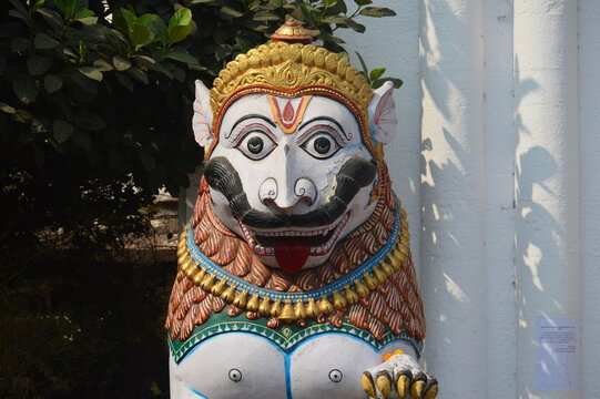 Ferocious lion figures guarding Alarnath Hindu temple at Bhramagiri near Puri Odisha India.Ferocious lion figure
