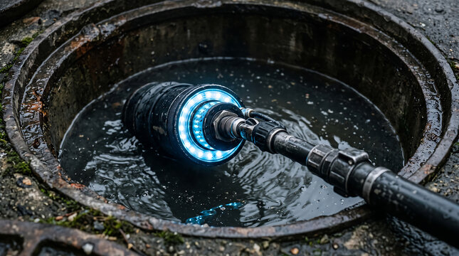Cctv sewer camera equipment inspecting dark underground drainage pipe system inside manhole with glowing blue led lights to detect leaks and structural damage issues.
