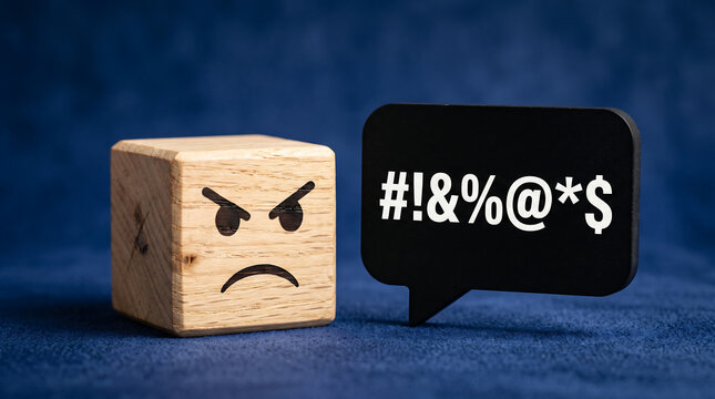 Wooden cube with grumpy face and speech bubble containing curse symbols expression swearing profanity frustration communication shouting negative character