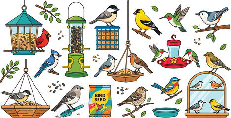 Vector Illustration Set of Backyard Garden Birds and Different Bird Feeders for Wildlife Watching and Nature Education © Mehedi