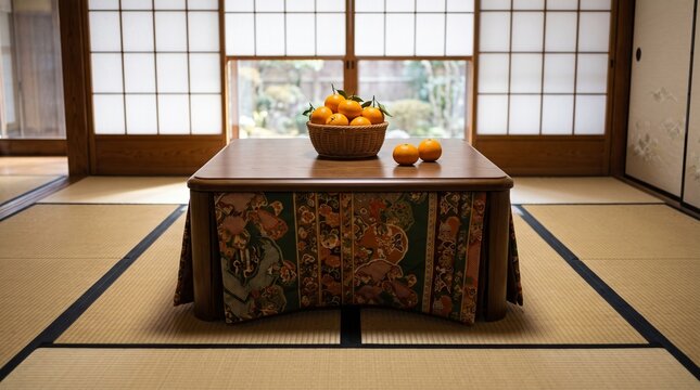 Fresh bright orange citrus fruits resting in a rustic woven wicker basket placed on a traditional wooden kotatsu table inside a serene Japanese tatami room