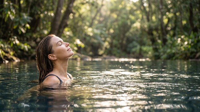 Young woman with closed eyes relaxes in a tranquil natural forest pool while basking in the warm golden sunlight during a calm and peaceful afternoon swim