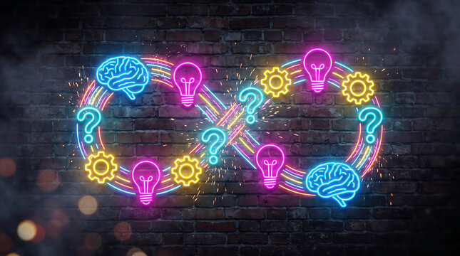 Neon infinity symbol neon sign bright glowing light bulbs gears brain icons bricks wall dark background concept innovation idea creation learning knowledge thinking cycle.