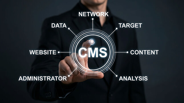 Businessman touching CMS interface content management system network data concept
