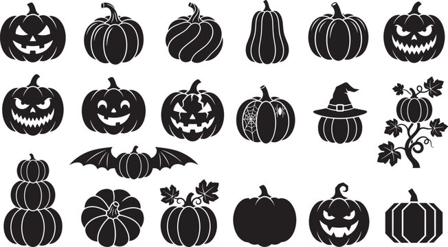 Halloween jack-o-lantern and pumpkin black silhouette vector icon set featuring scary faces witch hats bat wings spiderwebs and autumnal garden vines.