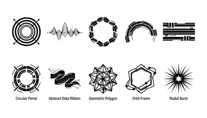 Abstract Geometric Icons Set with Circular Portal, Data Ribbon, Polygon, Orbit Frame, and Radial Burst Designs © MstFiroza