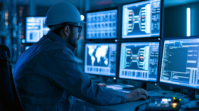 Electrical Engineer Monitoring High Voltage Power Substation Control Room at Night Professional electrical engineer monitoring a high voltage power substation control room at night