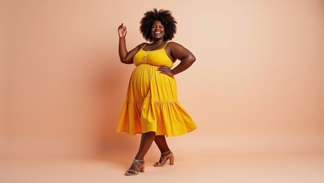 Full body African woman of plus size model dancing on pastel background