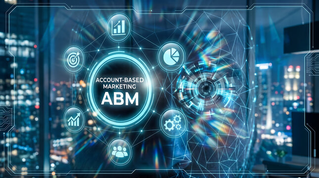Account based marketing abm concept on virtual screen displaying data graphs and financial charts with blurred corporate office background.