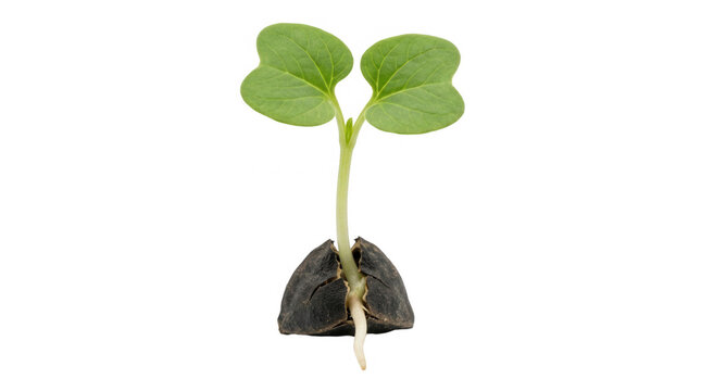 Fresh green sprout emerging from a seed on a clear background ideal for themes related to nature and gardening