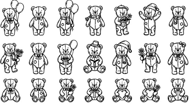 Vintage Teddy Bear Sketch Collection with Hand Drawn Plush Toy Vector Illustration