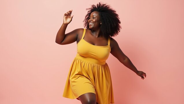 Full body African woman of plus size model dancing on pastel background