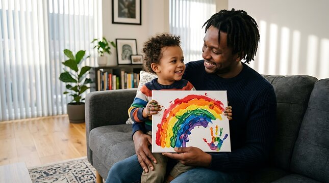 Father and son showing colorful rainbow finger painting at home