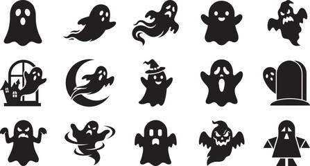 Obraz premium Spooky halloween ghost silhouette set cute and scary phantom character icons with moon window and tombstone isolated on white background vector