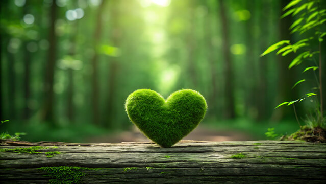 Green moss heart on wooden log outdoors. Natural eco-friendly love symbol formed by vibrant foliage. Romantic sustainable decoration in forest sett...