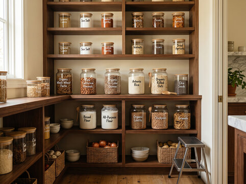 Pantry organization with bulk wholesale grocery lifestyle and unbranded premium private label staples