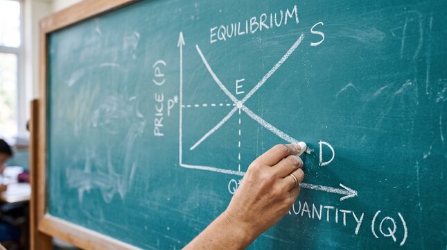 Economics, business education, supply and demand graph on chalkboard, classroom learning