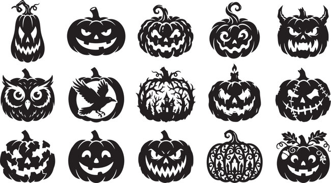Halloween pumpkin silhouette set scary jack o lantern faces owl crow haunted house and horn elements collection isolated on white background vector