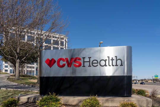 Irving, TX, USA - March 20, 2022: Closeup of CVS Health ground sign is seen at their CVS Caremark Corporate Office in Irving, Texas, USA. CVS Health Corporation is an American healthcare company. 