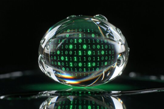 Wassertropfen gef&uuml;llt mit leuchtendem digitalen Bin&auml;rcode, Makro
