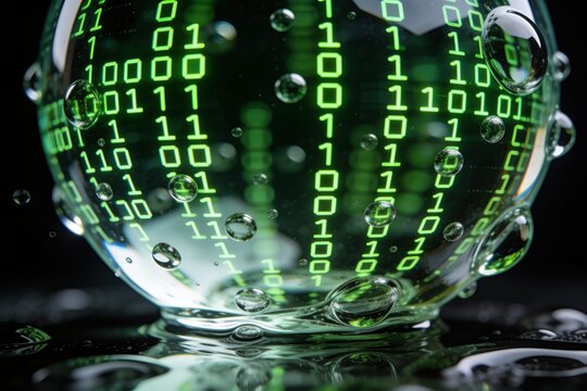 Wassertropfen gef&uuml;llt mit leuchtendem digitalen Bin&auml;rcode, Makro