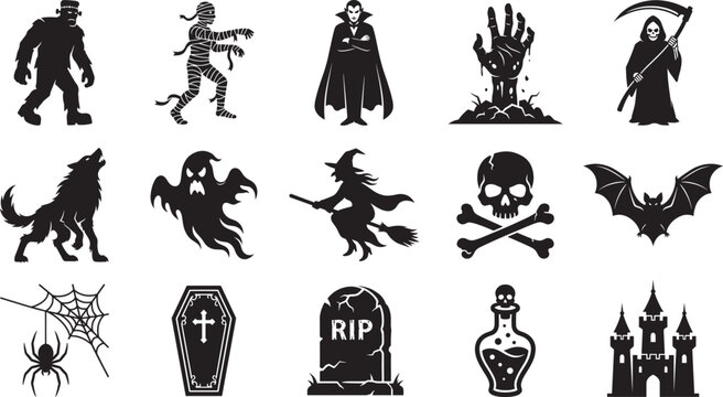 Halloween silhouette monster and character set spooky vampire mummy frankenstein witch grim reaper and ghost icons collection isolated on white background vector