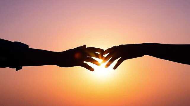Silhouette of two hands reaching towards each other at sunset