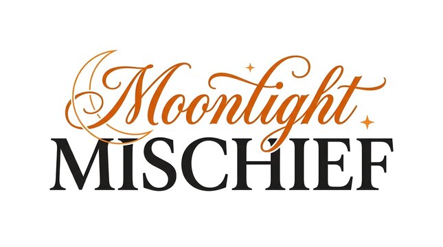 Moonlight Mischief typography vector lettering design with crescent moon and stars