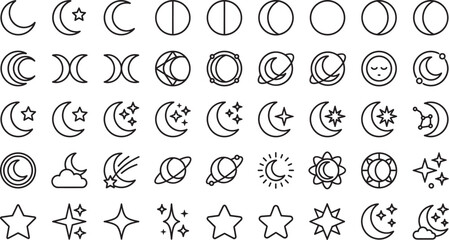 Moon phases stars and celestial line art icon set astrology astronomy elements collection isolated on white background vector illustration © MdRubel
